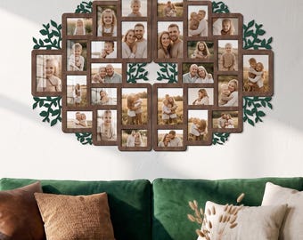 Botanical Family Tree Decor – Large Photo Collage Frame, Wooden Gallery Wall with Decorative Leaves