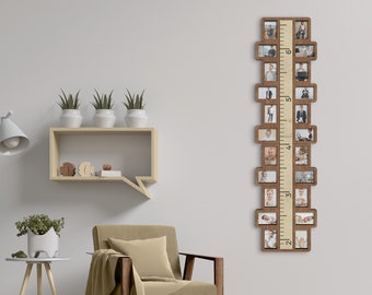 Wooden growth chart for kids Height ruler with photos First birthday gift Baby growth Nursery wall decor Custom color measurement chart