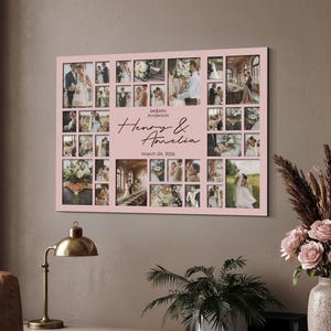 Marco de fotos grande de madera para collage de bodas: cuadrícula para 34 fotos de aniversario para recién casados.