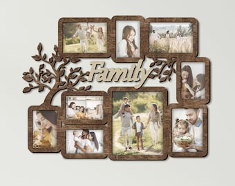 Family tree picture frame collage Rustic home decor Family sign Multiple photo frames Living room decor Wooden genealogical photo gallery