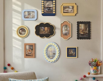 Colorful Small Gallery Frame Set – Scalloped Wooden Picture Frames, Multi Size 4x4 4x6 5x7, Vintage Inspired Wall Decor