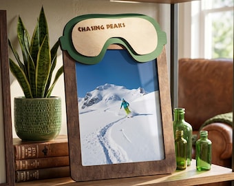 Mountain Adventure Photo Frame – Personalized Wooden Memory Display for Ski Trips & Mountain Vacations