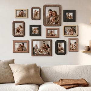 Conjunto de 12 molduras de madeira para parede, com molduras de tamanhos variados e cores personalizadas para colagem de fotos. Decoração de madeira para casa. Galeria de fotos de parede.
