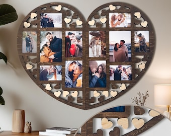 Wooden Heart Photo Collage – Personalized Split Picture Frame for Wedding & Anniversary, Couple Wall Decor