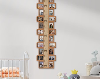 Custom kids growth ruler Nursery room decor Wooden height growth chart with photos Birthday gift for kid Playroom decor Photo frame collage