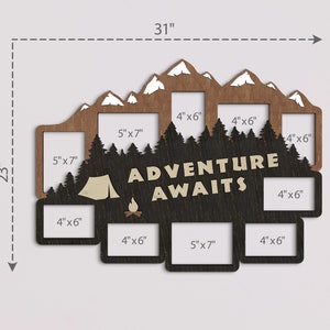 May include: A wooden photo frame with a mountain and forest design. It has eight openings for photos, with dimensions ranging from 4x6 inches to 5x7 inches. The frame features the text "Adventure Awaits".