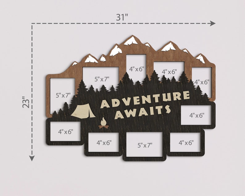 May include: A wooden photo frame with a mountain and forest design. It has eight openings for photos, with dimensions ranging from 4x6 inches to 5x7 inches. The frame features the text "Adventure Awaits".
