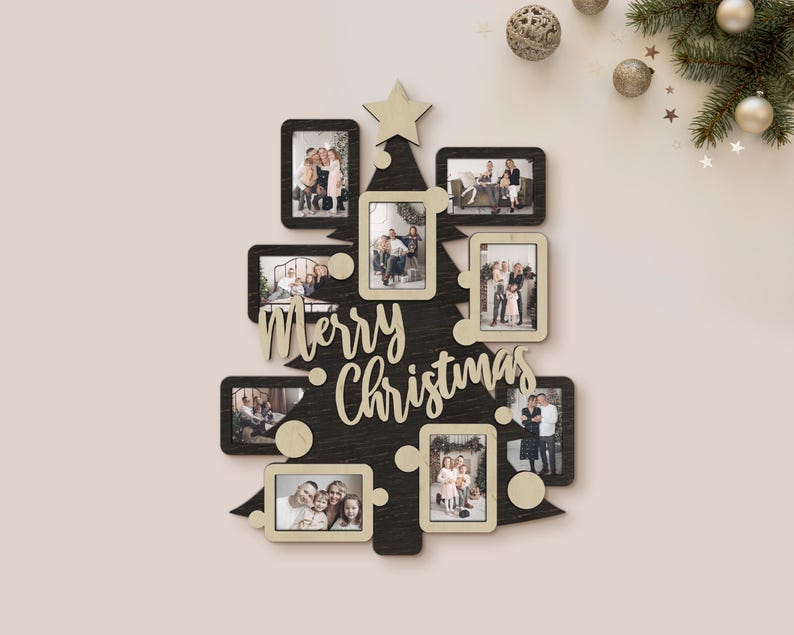 Wooden Christmas Tree Picture Frame Collage Merry Christmas Sign