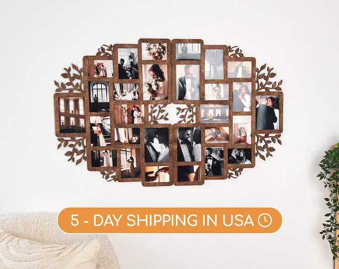 Split family picture frame collage Wooden family tree wall decor Custom color living room decor Family gift Multiple frames 3.5x5 4x6 5x7
