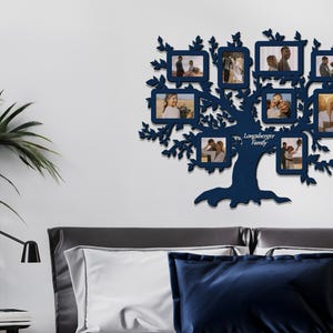 Personalized Genealogical tree picture frame collage Wooden photo gallery for wall Family name sign 6 color options Custom family name sign
