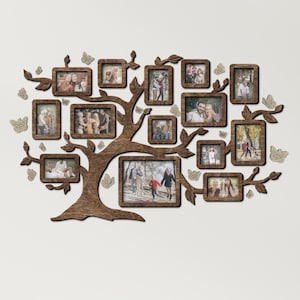 May include: A wooden family tree wall decor with multiple photo frames and decorative butterflies. The frames are arranged in the shape of a tree, with branches and leaves. The frames are designed to hold photos.