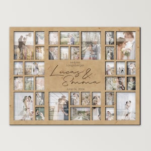 May include: A wooden photo collage frame with a grid of 25 squares, each containing a wedding photo. The frame is decorated with the text "Mr. & Mrs. Longaberger Lucas & Emma June 06, 2024".