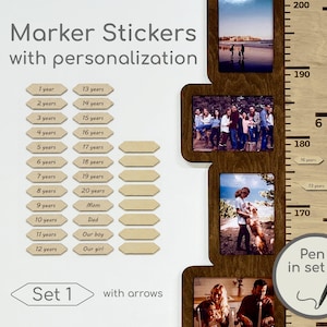 May include: Wooden growth chart with photo frames and marker stickers. The chart includes a ruler with measurements in centimeters, photo frames, and wooden marker stickers with ages and family member labels. The text "Marker Stickers with personalization" is at the top.