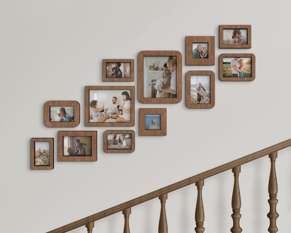 12 Piece Staircase Photo Frame Set Wooden Home Decor Stairway Gallery  Custom Color Indoor Decor Wall Collage Set Multiple Picture Frames 