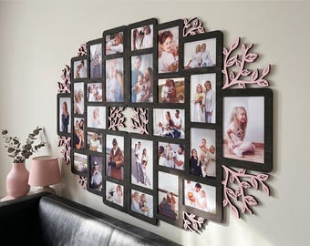 Family Tree Photo Frames – Wooden Picture Gallery Wall Display with Botanical Leaves