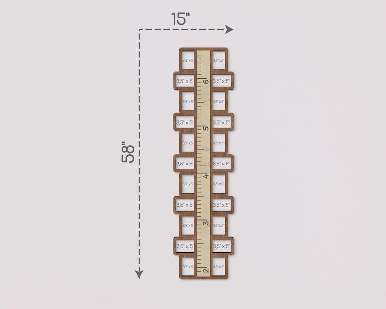 May include: A wooden ruler with a 15-inch measurement scale and 10 squares marked with different dimensions, including 3.5 x 5 inches.