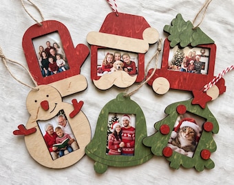 Christmas Photo Frame Ornaments Set of 6 – Wooden Picture Frame Decorations, Holiday Keepsake Gift
