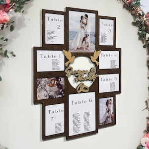 Letrero rústico personalizado para plano de asientos de boda, tablero grabado personalizado, collage de marcos de fotos, planificador de mesas, decoración de boda a medida, letreros de recepción