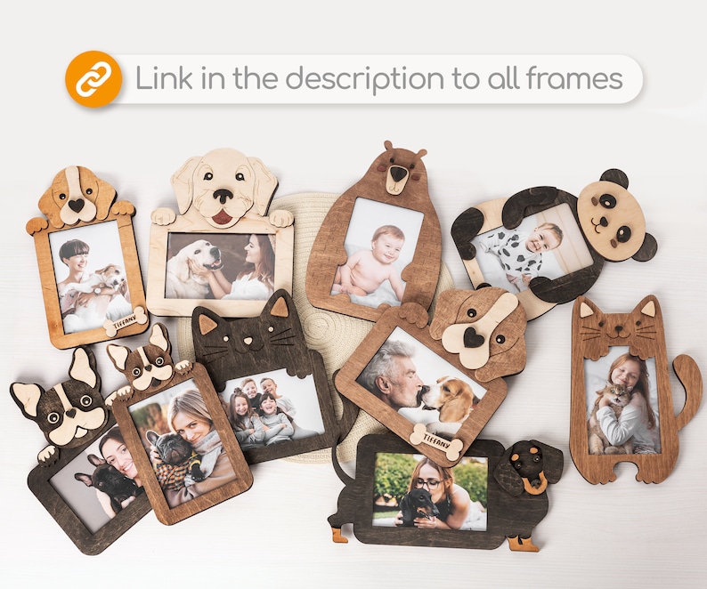 May include: A collection of wooden picture frames in various animal shapes, including a dog, cat, bear, and panda. Each frame holds a photograph and is made of light and dark brown wood. The text "Link in the description to all frames" is visible.