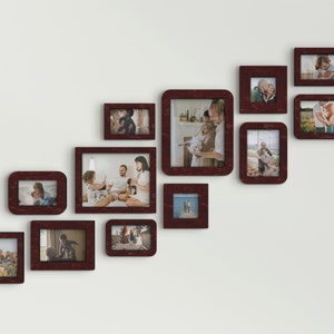 12-piece wall-mounted picture frame set. This collage measures 33 inches in width and 51,5 inches in length and has 12 frames 4 by 6 4 by 4 5 by 7 8 by 10 inches. Frames can be painted in different colors. Suitable for staircases.