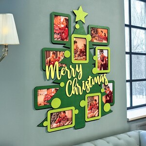 Christmas tree photo frame collage Wooden Merry Christmas sign Custom color holiday wall decor 9 4x6 picture frames Wall-mounted pine tree