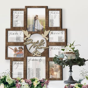Gepersonaliseerde rustieke bruiloft tafelkaart bord Aanpasbaar bord Fotolijstcollage Unieke bruiloft tafelplanner Op maat gemaakte bruiloftsdecor