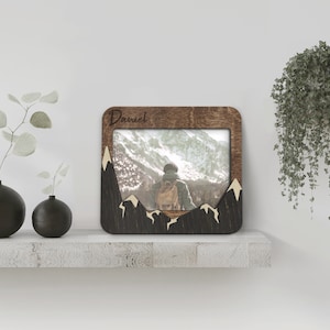 Personalized mountain photo frame Custom color wall decor Engraved name sign Wooden mountain landscape frame Small 5x7 picture frame For him