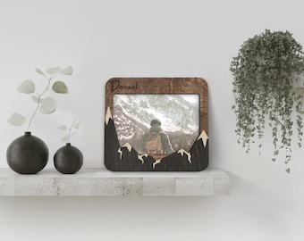 Personalized mountain photo frame Custom color wall decor Engraved name sign Wooden mountain landscape frame Small 5x7 picture frame For him