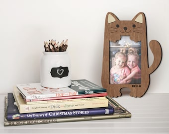 Marco de fotos personalizado con forma de gato, decoración de guardería de color personalizado, decoración de habitación infantil de madera, marco de fotos de cumpleaños con nombre personalizado, foto pequeña de 4x6