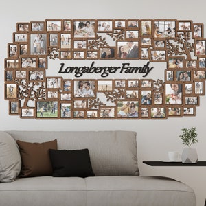 Puede incluir: Un collage de marcos de fotos de madera con forma de árbol con ramas. El marco contiene varias fotos de una familia. El texto "Longaberger Family" se muestra en la parte superior del marco.