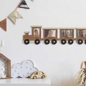 Personalized nursery decor Wooden train frame Kids room decor Baby boy photo frame First birthday gift Picture frame set Customized wall art