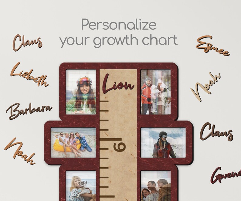 May include: A personalized growth chart with a wooden ruler and multiple photo frames. The frames are burgundy red and feature different photos of people. The ruler is marked with the number "6". The chart is decorated with wooden name tags, including "Claus", "Lizbeth", "Barbara", "Noah", "Esmee", "Gwen", and "Lion".