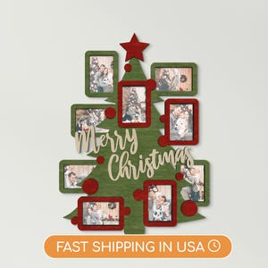 A wooden Christmas pine tree with 9 4 by 6 inches photo frames scattered all over it, and a Merry Christmas text in the middle, written in a stylish font. The whole piece is 31 by 23 inches. Tree, frames, and text can be painted in different colors.
