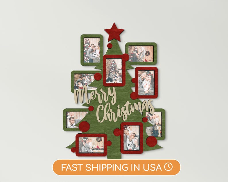 A wooden Christmas pine tree with 9 4 by 6 inches photo frames scattered all over it, and a Merry Christmas text in the middle, written in a stylish font. The whole piece is 31 by 23 inches. Tree, frames, and text can be painted in different colors.