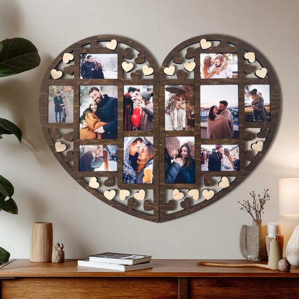 Personalized Heart Photo Collage – Valentines Gift for Him Her, Wood Anniversary Gift for Boyfriend, Custom Couple Picture Frame, Love Story