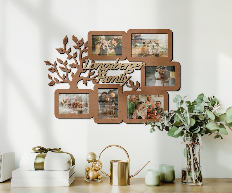 Personalized picture frame collage featuring tree elements. This collage measures 15 inches in width and 21 inches in length and has 6 frames. Frame and letters can be painted in different colors. The text in the middle can be customized.