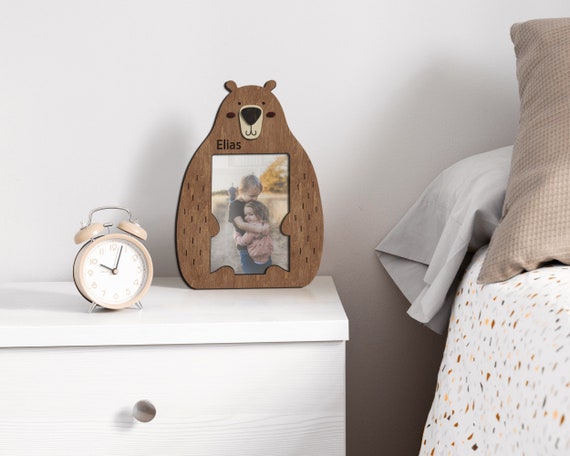 Personalized first baby gift Engraved bear wood wall art Custom color nursery decor Kids birthday present Baby boy name sign Small 4x6 frame