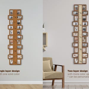 May include: Two wooden photo frames with a ruler design. The frame on the left is a single layer design with one solid color. The frame on the right is a two-layer design with more color options and can be personalized.