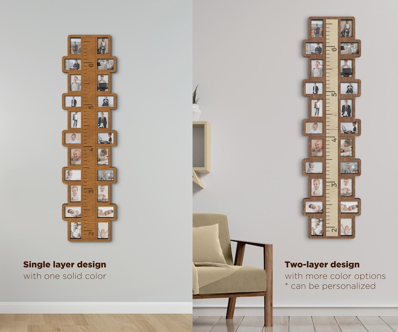 May include: Two wooden photo frames with a ruler design. The frame on the left is a single layer design with one solid color. The frame on the right is a two-layer design with more color options and can be personalized.