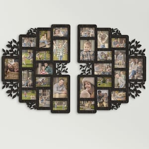 May include: A wooden photo frame in the shape of a tree with multiple openings for pictures. The frame is dark brown and has a rustic look. It is perfect for displaying family photos.