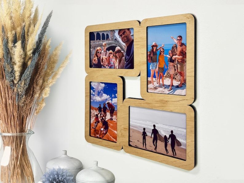Geometric Wooden Photo Collage Frame: 4 Openings, Modular Wall Gallery ...