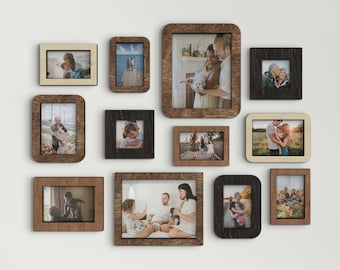 12 pieces wall mounted wooden photo frame set Different size frames Custom color photo frame collage Wooden home decor Wall photo gallery