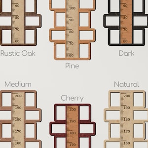 May include: Six wooden height charts with different wood finishes: Rustic Oak, Pine, Dark, Medium, Cherry, and Natural. Each chart features a ruler with measurements in inches.