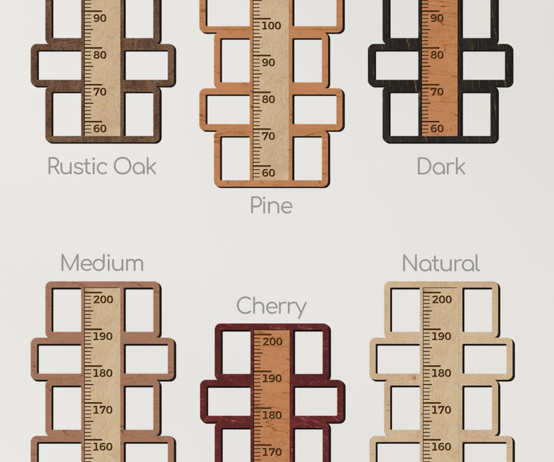 May include: Six wooden height charts with different wood finishes: Rustic Oak, Pine, Dark, Medium, Cherry, and Natural. Each chart features a ruler with measurements in inches.