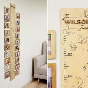 Personalisierte Kinder Wachstumslineal Benutzerdefinierte hölzerne Höhenwachstumstabelle Gravierte Kinderzimmerraumdekor Geschenk für Kind Spielzimmerdekor Fotorahmencollage