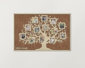 Custom wooden picture frame collage Bespoke genealogy tree Personalized family tree framed wall art Multi photo openings Gift for parents