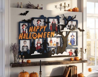 Halloween Photo Wall, Spooky Collage Frame - Birch Plywood, Picture Gallery, 9-Opening Display