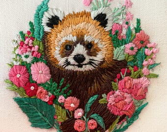 Red Panda Floral Embroidery Pattern Design PDF, Intermediate Embroidery