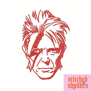 May include: Red line art illustration of David Bowie's face with a lightning bolt makeup design. The image is stitched with red thread. The text "stitched by shpilkes" is in the lower right corner of the image.