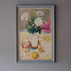 Vintage Floral Pastel Drawing, Mid-Century Drawing, Original Artists Sketch, Vintage Swedish Art, Boho Home, Floral Still Life Drawing